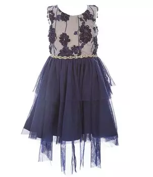 Расклешенное платье с сетчатой юбкой и лифом с сутажной вышивкой для маленьких девочек 2T-6X Rare Editions, синий