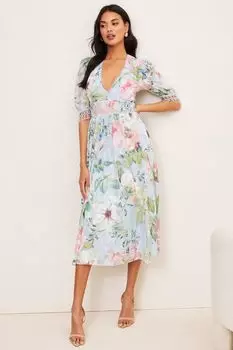Расклешенное платье с V-образным вырезом и цветочными мотивами Lipsy, синий