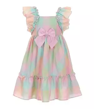 Расклешенное платье в клетку смешанной техники Bonnie Jean Little Girls 2T-6X с расклешенными рукавами и льняной тканью, мультиколор