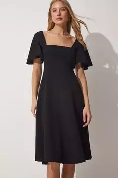 Расклешенное тканое платье с квадратным вырезом и рукавами воланами Happiness stanbul, черный