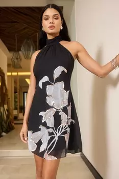 Расклешенное вручную мини-платье с пайетками и цветочным принтом на шее Lipsy, черный