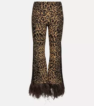 Расклешенные брюки с леопардовым принтом и перьями Valentino, коричневый