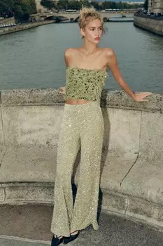 Расклешенные брюки с пайетками ZARA, мята