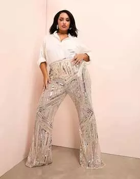 Расклешенные брюки золотого и розового цвета с украшением ASOS LUXE Curve