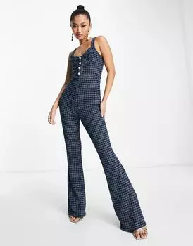 Расклешенный комбинезон букле с пуговицами спереди ASOS с принтом «гусиные лапки»