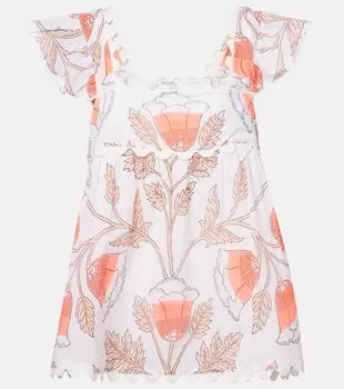 Распечатанный хлопковый топ с фигурным краем Juliet Dunn, White/Scarlet/Bronze