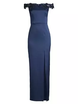 Расшитое бисером платье-колонна с открытыми плечами Aidan Mattox, нави