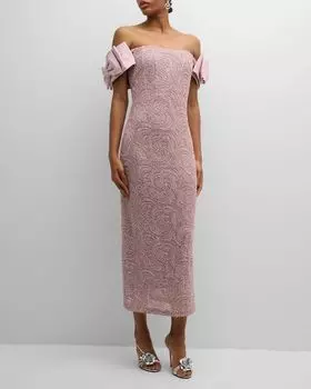 Расшитое бисером платье миди с открытыми плечами Jovani, цвет Mauve