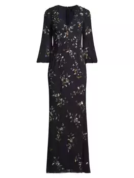 Расшитое бисером платье с объемными рукавами Aidan Mattox, цвет twilight