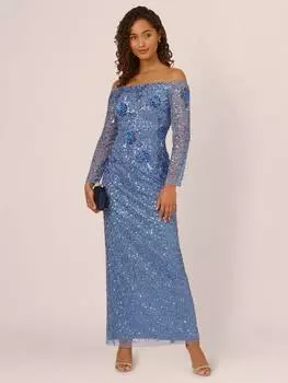 Расшитое бисером сетчатое платье макси Adrianna Papell, цвет French Blue