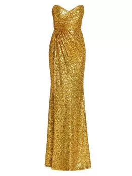 Расшитое блестками платье без бретелек с драпировкой Badgley Mischka, желтый