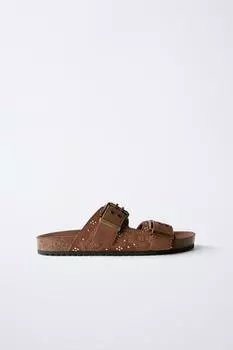 Раздельные замшевые босоножки с микро-заклепками и пряжками ZARA, коричневый