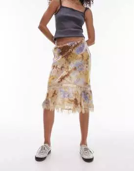 Разноцветная атласная юбка до колена с кружевной отделкой Topshop в стиле тай-дай 90s