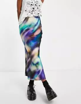 Разноцветная атласная юбка миди косого цвета с эффектом омбре Topshop