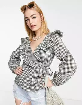 Разноцветная блуза с запахом в мелкую клетку Topshop