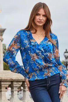 Разноцветная блузка с рюшами по низу и принтом Sosandar, синий