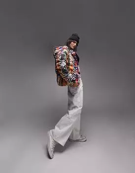 Разноцветная пуховая куртка с принтом в стиле пэчворк Topshop