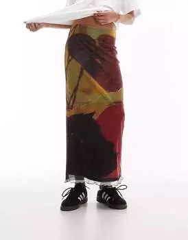 Разноцветная сетчатая юбка миди с газетным принтом Topshop