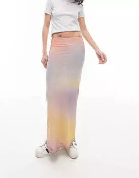 Разноцветная сетчатая юбка миди с пастельным размытым принтом и отделкой пико Topshop