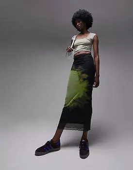 Разноцветная сетчатая юбка миди с размытым космическим принтом и отделкой пико Topshop Tall