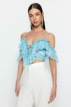 Разноцветная укороченная трикотажная блузка с рюшами Trendyol, разноцветный