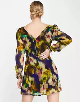 Разноцветное чайное платье мини со сборками и цветочным принтом Topshop