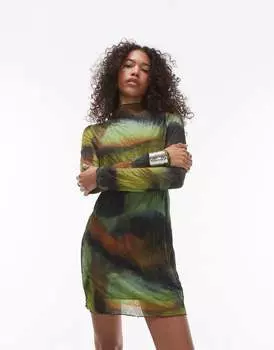 Разноцветное мини-платье с длинными рукавами и гранж-принтом Topshop из ткани с мятым эффектом