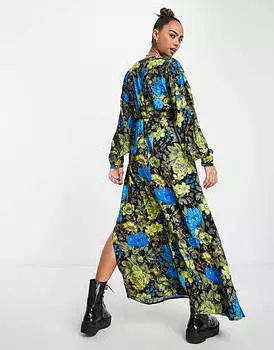 Разноцветное платье макси с длинными рукавами и цветочным принтом YAS
