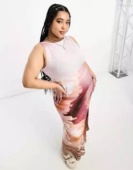 Разноцветное платье-макси с вырезом на шее и фотографическим принтом COLLUSION Plus