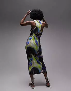 Разноцветное платье миди из плиссированного джерси с принтом Topshop