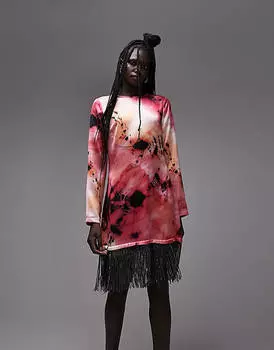 Разноцветное платье миди с длинными рукавами и кисточкой из страз Topshop