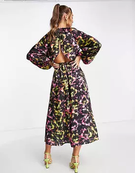 Разноцветное платье миди с неоновым цветочным принтом и открытой спиной, присборенной талией Topshop