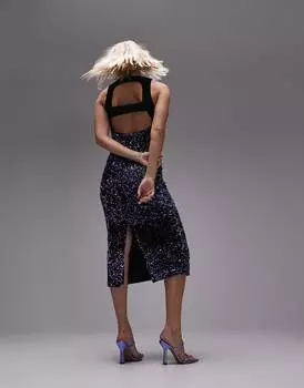 Разноцветное платье миди с открытой спиной и пайетками Topshop