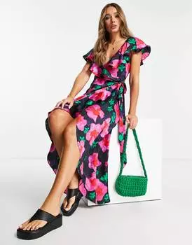 Разноцветное платье миди с запахом и цветочным принтом Topshop