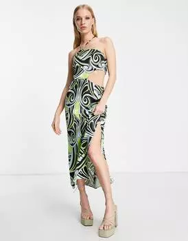 Разноцветное платье миди с завязками на шее Topshop