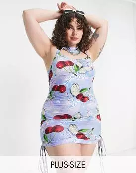 Разноцветное платье мини COLLUSION Plus с рюшами по бокам и принтом вишни