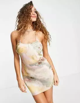 Разноцветное платье мини-комбинация пастельных тонов со сборками и абстрактными принтами Topshop