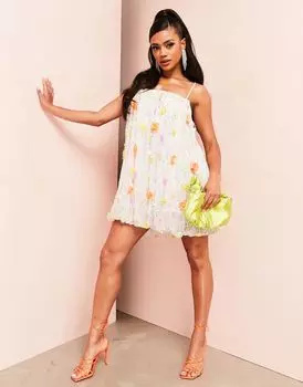 Разноцветное платье мини с объемной цветочной отделкой ASOS LUXE