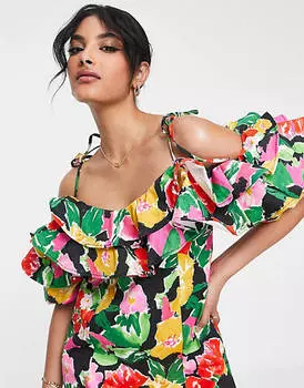 Разноцветное платье мини с ярким цветочным принтом и оборками Topshop