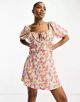 Разноцветное платье мини со сборками и пышными рукавами The Frolic