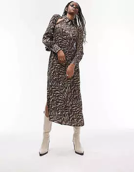 Разноцветное платье-рубашка миди с анималистичным принтом Topshop Tall