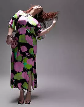 Разноцветное праздничное платье миди с рукавами ангела и ярким цветочным принтом Topshop Curve