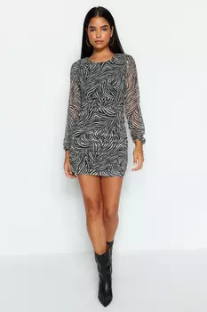 Разноцветное приталенное мини-тканое платье на подкладке с рисунком зебры Trendyol, разноцветный