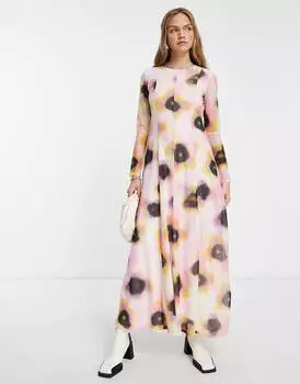 Разноцветное сетчатое платье миди с размытым цветочным принтом Topshop