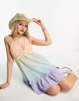 Разноцветное шифоновое платье мини с эффектом омбре и оборками Miss Selfridge beach