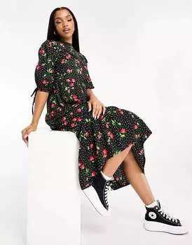 Разноцветное свободное платье миди в вишневый горошек Wednesday's Girl