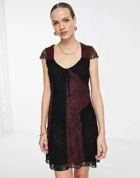 Разноцветное трикотажное мини-платье с кружевными рукавами Topshop mix and match