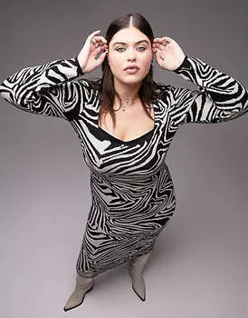 Разноцветное трикотажное платье миди с изображением животных Topshop Curve
