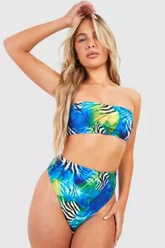 Разноцветный бикини-топ-бандо с животными boohoo, синий