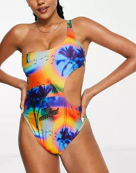 Разноцветный купальник на одно плечо с вырезами и принтом ладони COLLUSION - MULTI